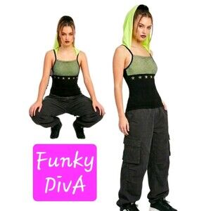 Funky Diva Y2K Star Studded Hooded Fishnet Tunic Dance Top Women's Black Neon
